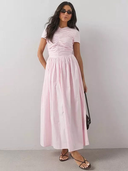 Short Sleeve Cotton Ruched Midaxi Dress Pink
