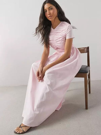 Short Sleeve Cotton Ruched Midaxi Dress Pink
