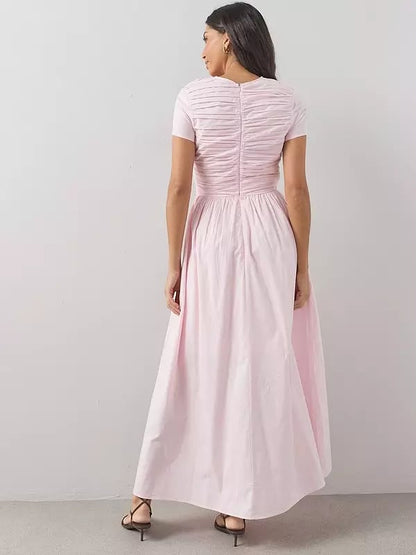 Short Sleeve Cotton Ruched Midaxi Dress Pink