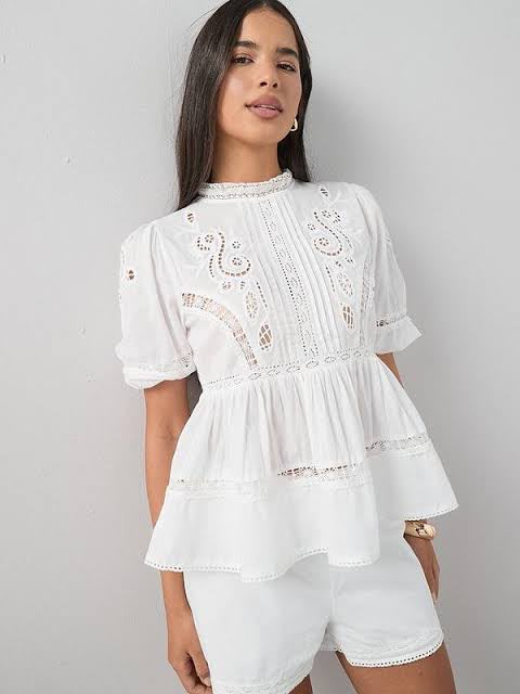 Broderie Lace Detail Puff Co-ord Blouse