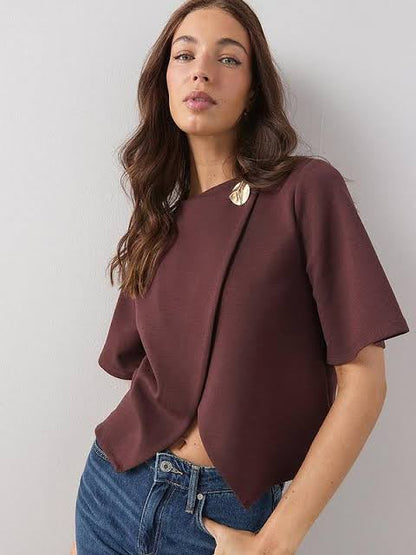 Button Wrap Short Sleeve Boxy Top Brown
