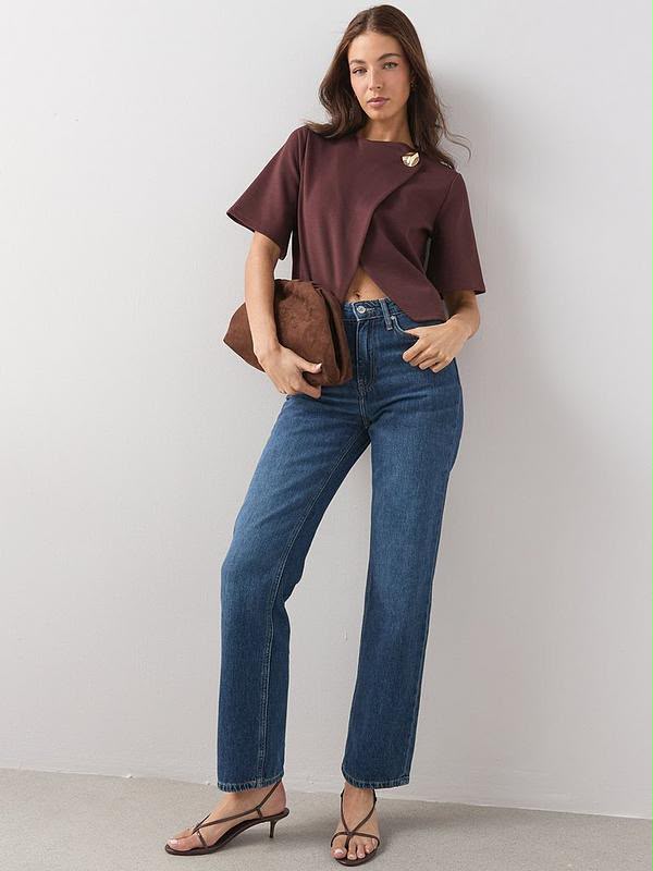 Button Wrap Short Sleeve Boxy Top Brown