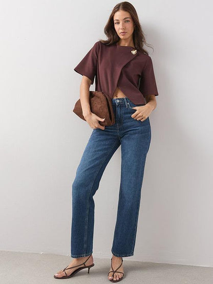 Button Wrap Short Sleeve Boxy Top Brown