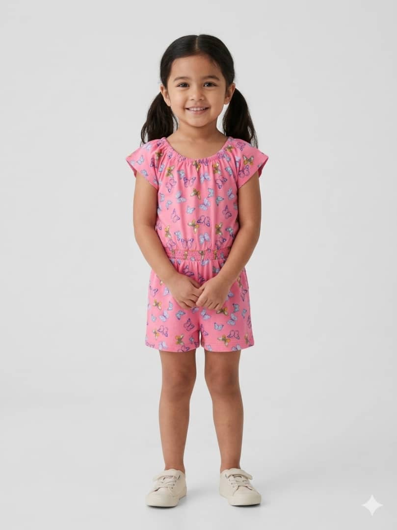 Girls Pink Butterfly Print Romper