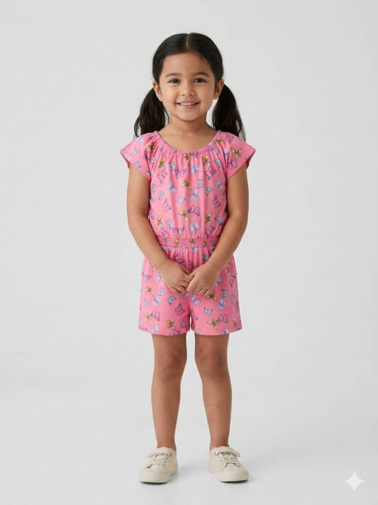 Girls Pink Butterfly Print Romper