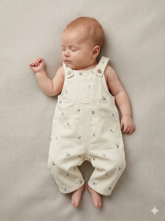 Zara Baby White/Ecru Floral Embroidered Overalls