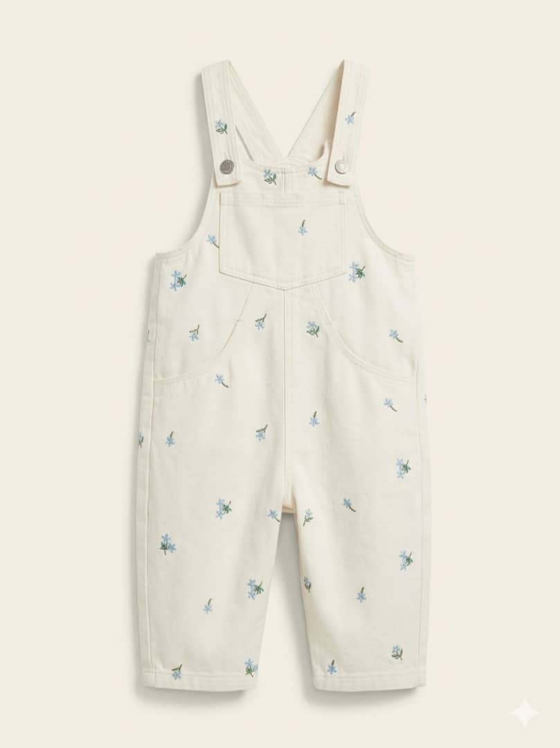 Zara Baby White/Ecru Floral Embroidered Overalls