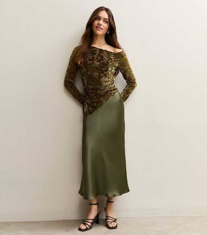 Light Satin Bias Cut Midi Skirt