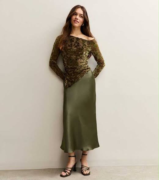 Light Satin Bias Cut Midi Skirt