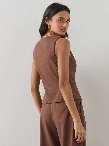Linen Blend Scoop Neck Waistcoat Brown