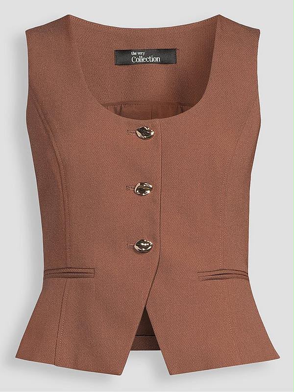 Linen Blend Scoop Neck Waistcoat Brown