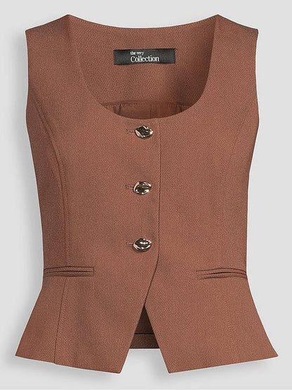 Linen Blend Scoop Neck Waistcoat Brown