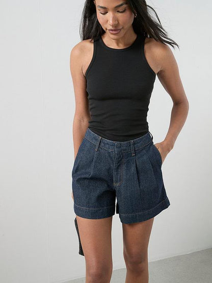 Dark Wash Pleated Top Denim Shorts