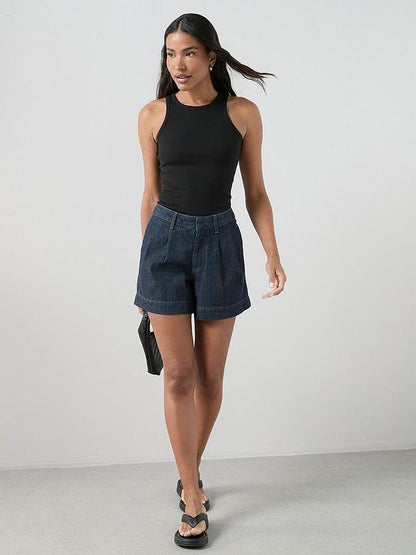 Dark Wash Pleated Top Denim Shorts