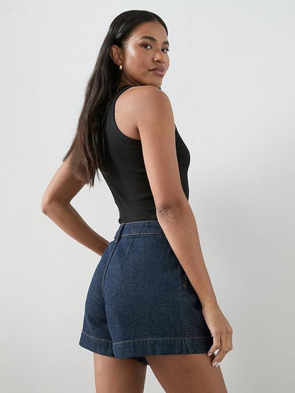 Dark Wash Pleated Top Denim Shorts