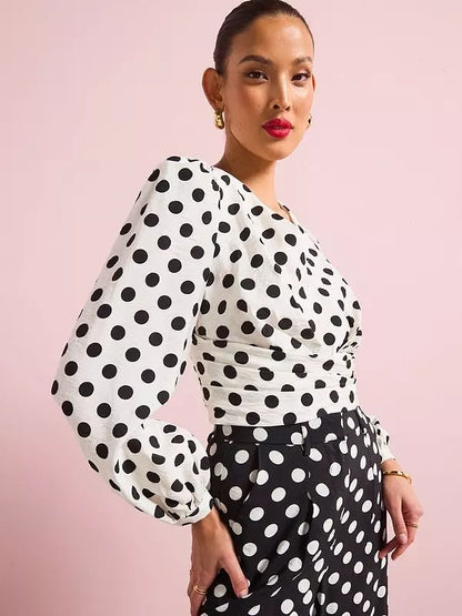 Polka Dot Co-Ord Long Sleeve Blouse White