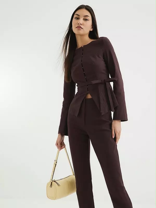 Boat Neck Belted Top - Brown