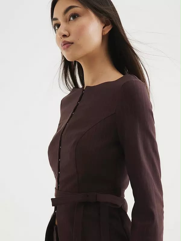 Boat Neck Belted Top - Brown