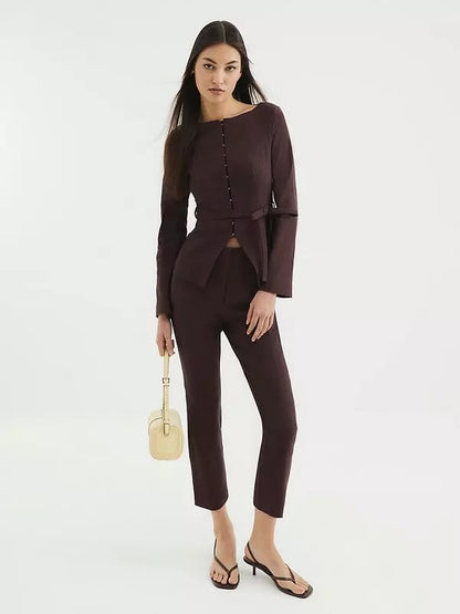 Boat Neck Belted Top - Brown