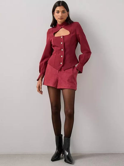 Cut Out Peplum Waistcoat Top - Red