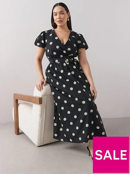 Curve Polka Dot Belted Wrap Midaxi Dress