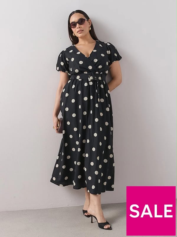 Curve Polka Dot Belted Wrap Midaxi Dress