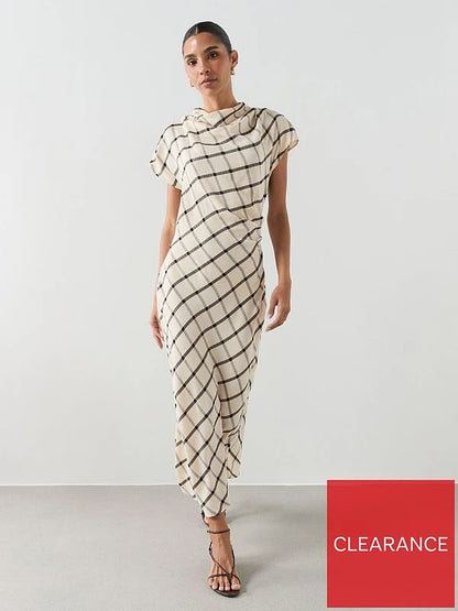 Check Dress With Draped Collar - Cream