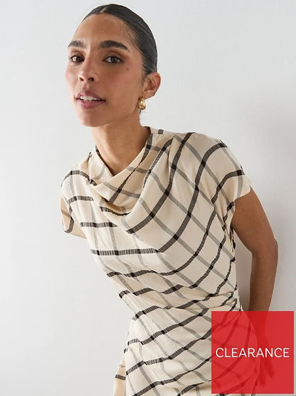 Check Dress With Draped Collar - Cream