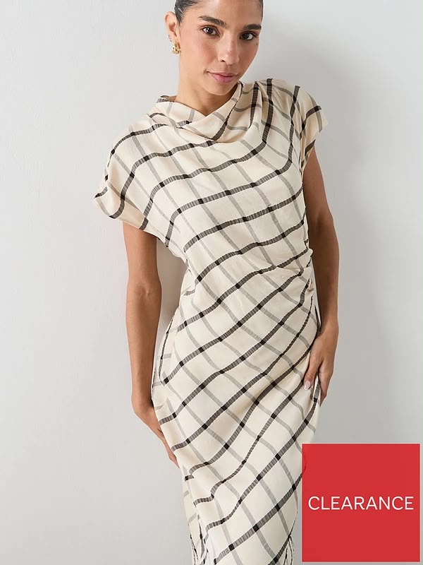 Check Dress With Draped Collar - Cream