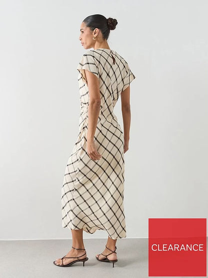 Check Dress With Draped Collar - Cream