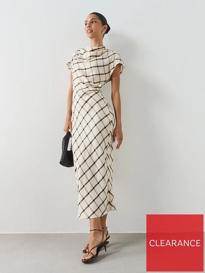 Check Dress With Draped Collar - Cream