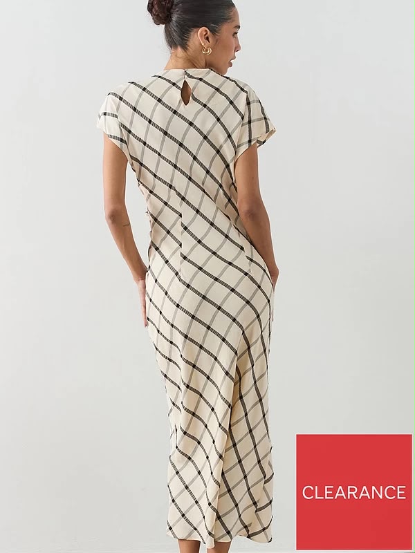 Check Dress With Draped Collar - Cream