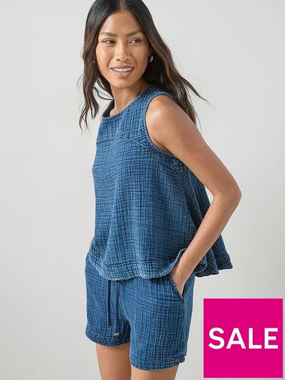 Indigo Washed Crinkle Sport Top Co-ord Blue