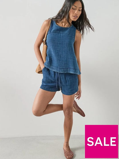 Indigo Washed Crinkle Sport Top Co-ord Blue