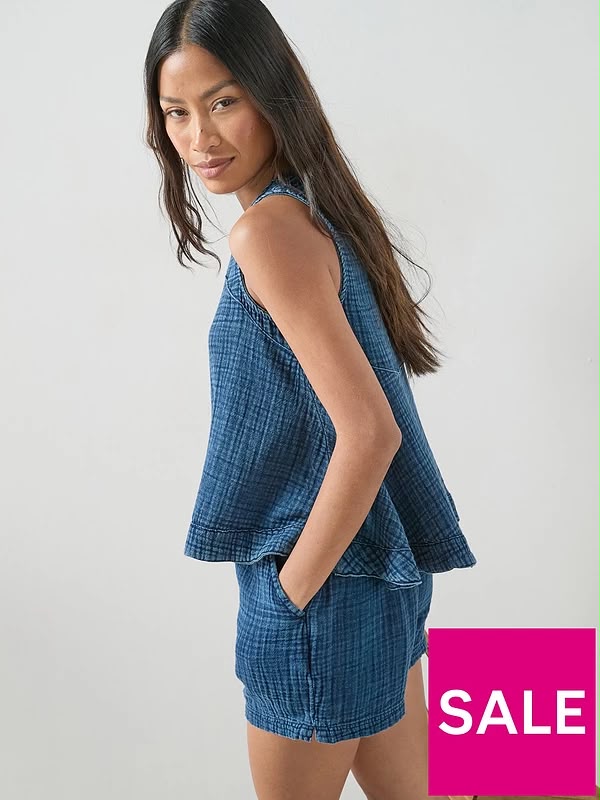 Indigo Washed Crinkle Sport Top Co-ord Blue