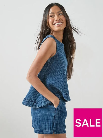 Indigo Washed Crinkle Sport Top Co-ord Blue