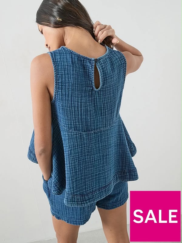 Indigo Washed Crinkle Sport Top Co-ord Blue
