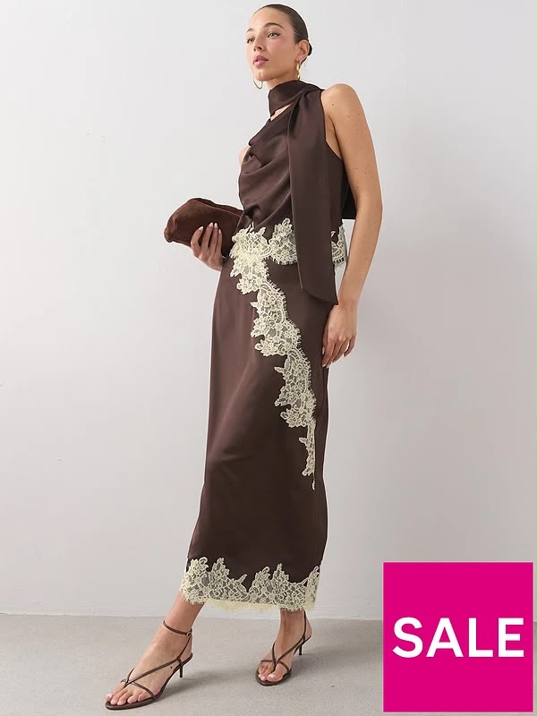 Satin Lace Trim Midi Skirt Brown