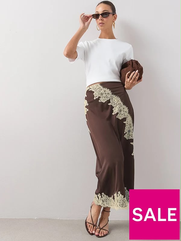 Satin Lace Trim Midi Skirt Brown