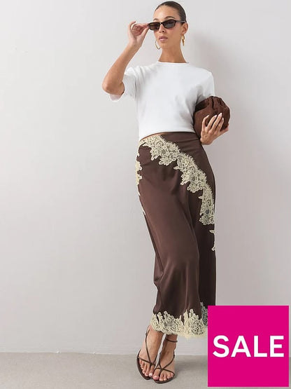 Satin Lace Trim Midi Skirt Brown