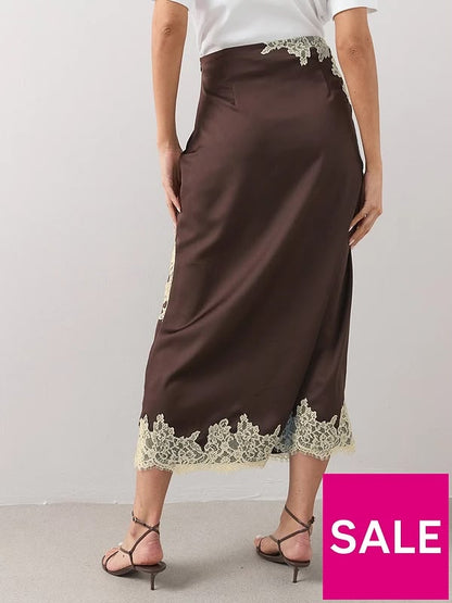 Satin Lace Trim Midi Skirt Brown