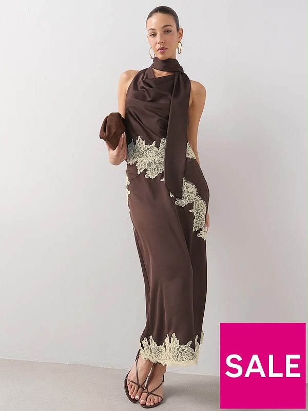 Satin Lace Trim Midi Skirt Brown