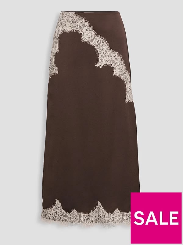 Satin Lace Trim Midi Skirt Brown