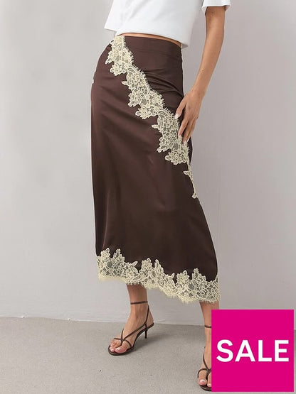 Satin Lace Trim Midi Skirt Brown