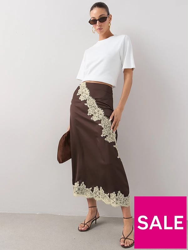 Satin Lace Trim Midi Skirt Brown