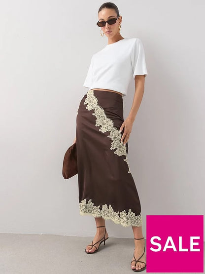 Satin Lace Trim Midi Skirt Brown