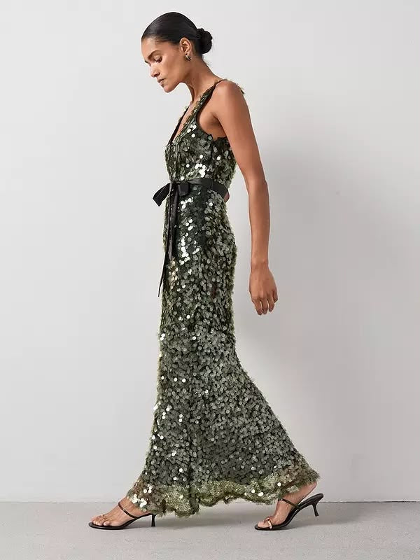Sequin Disc Belted Maxi Dress Green
