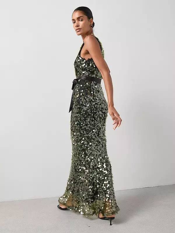 Sequin Disc Belted Maxi Dress Green