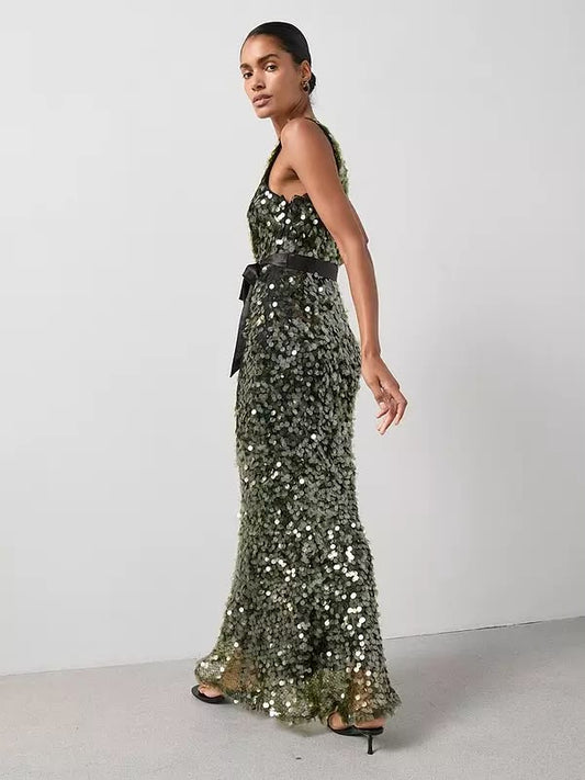 Sequin Disc Belted Maxi Dress Green