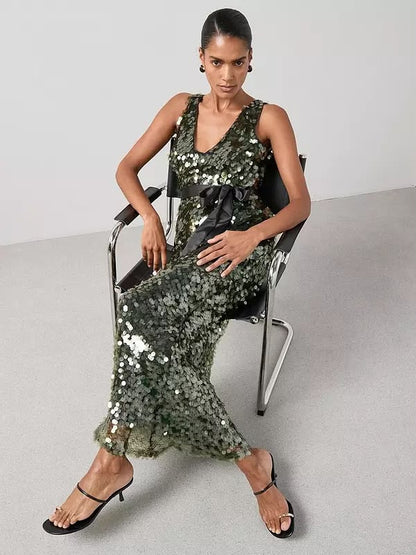 Sequin Disc Belted Maxi Dress Green
